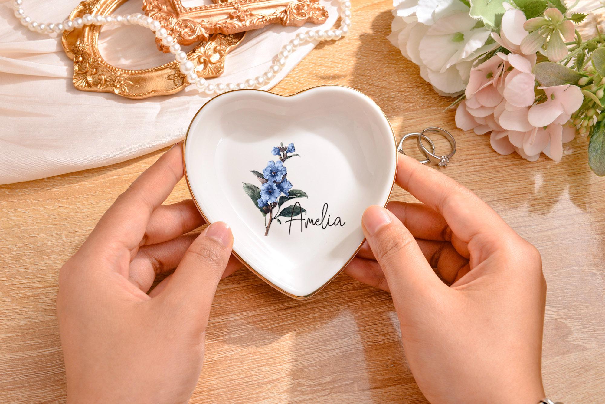 Personalized Birth Flower Ring Dish, Watercolor Flower Engagement Trinket Dish, Birth Flower Jewelry Dish, Bridesmaid Gift, Christmas Gifts
