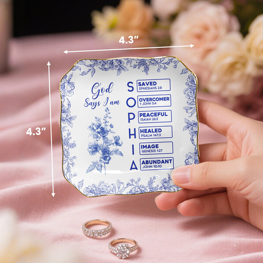 God Says I Am Name Letter In Bible Toile De Jouy Style, Personalized Christian Jewelry Dish: Toile De Jouy Ceramic Ring Holder