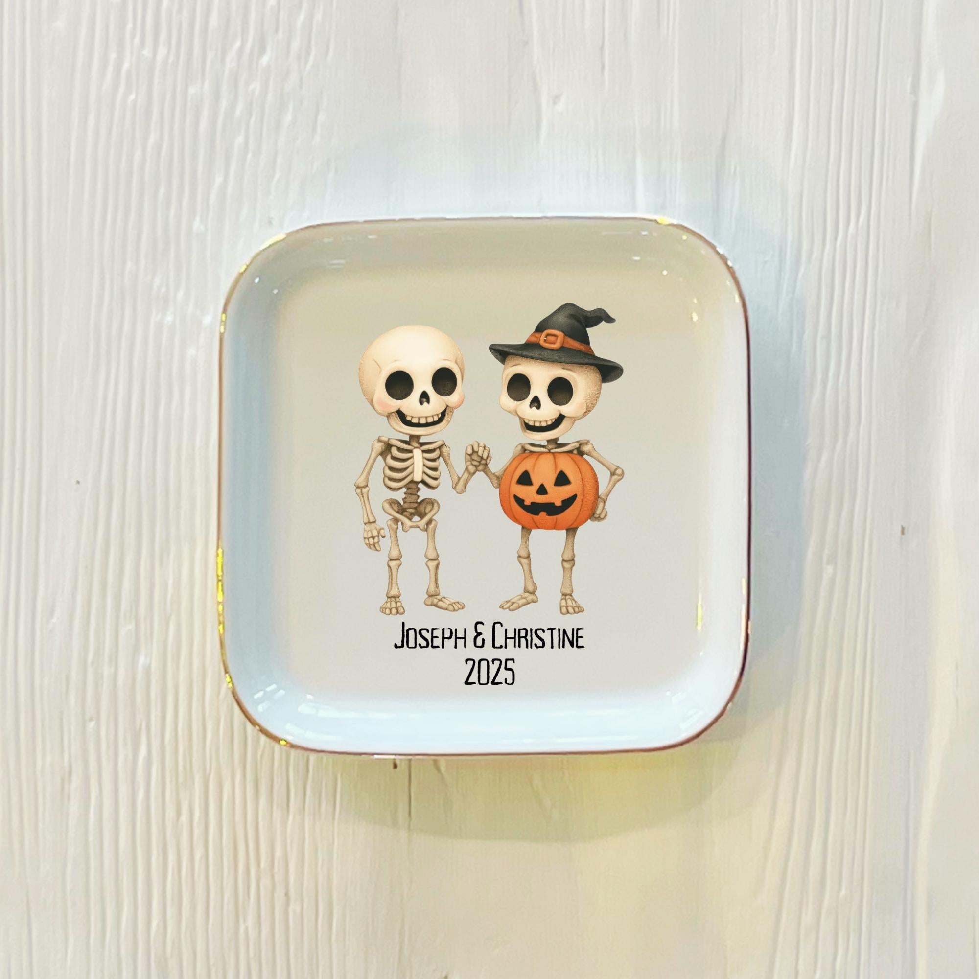 Personalized Skeleton Couple Ring Dish: Custom Ceramic Halloween Jewelry Holder