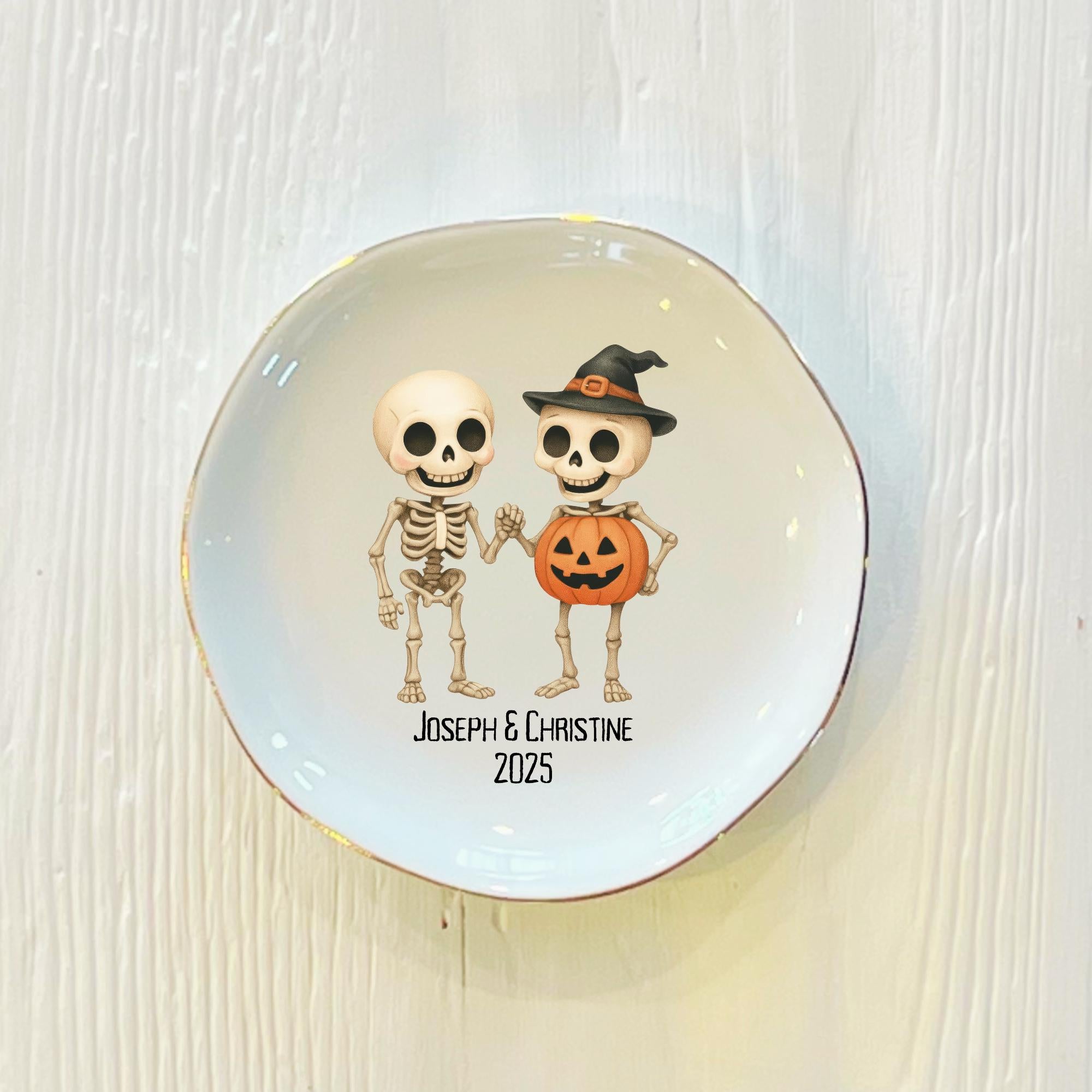 Personalized Skeleton Couple Ring Dish: Custom Ceramic Halloween Jewelry Holder