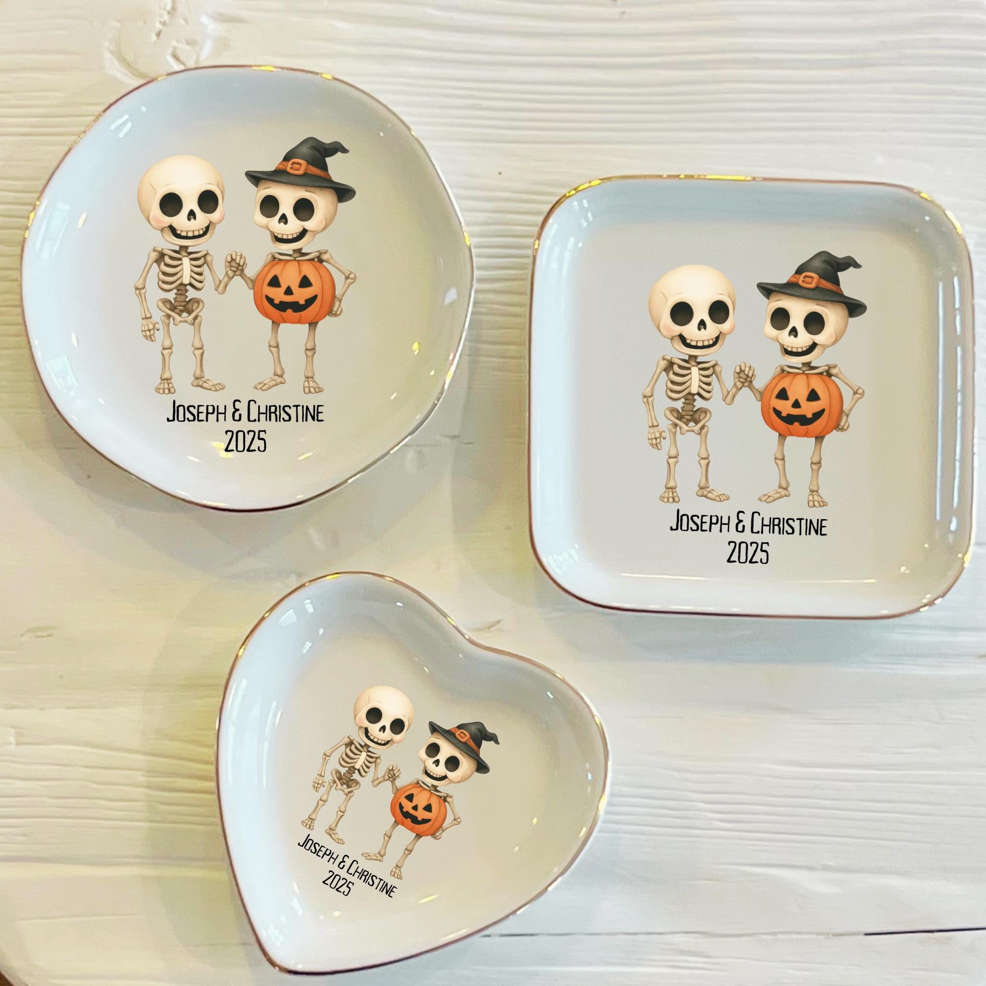 Personalized Skeleton Couple Ring Dish: Custom Ceramic Halloween Jewelry Holder