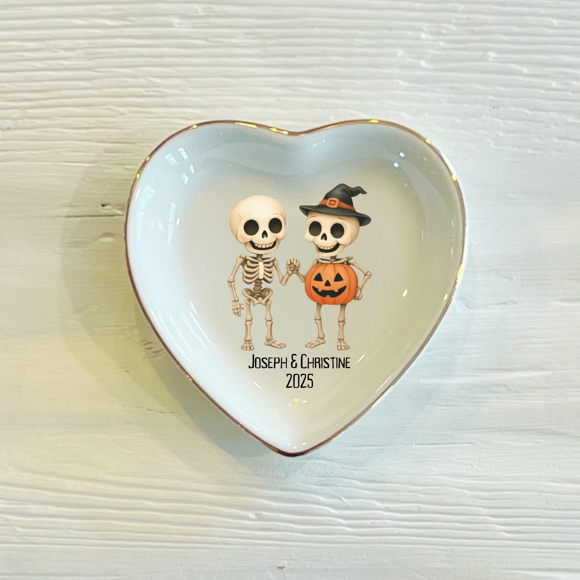 Personalized Skeleton Couple Ring Dish: Custom Ceramic Halloween Jewelry Holder
