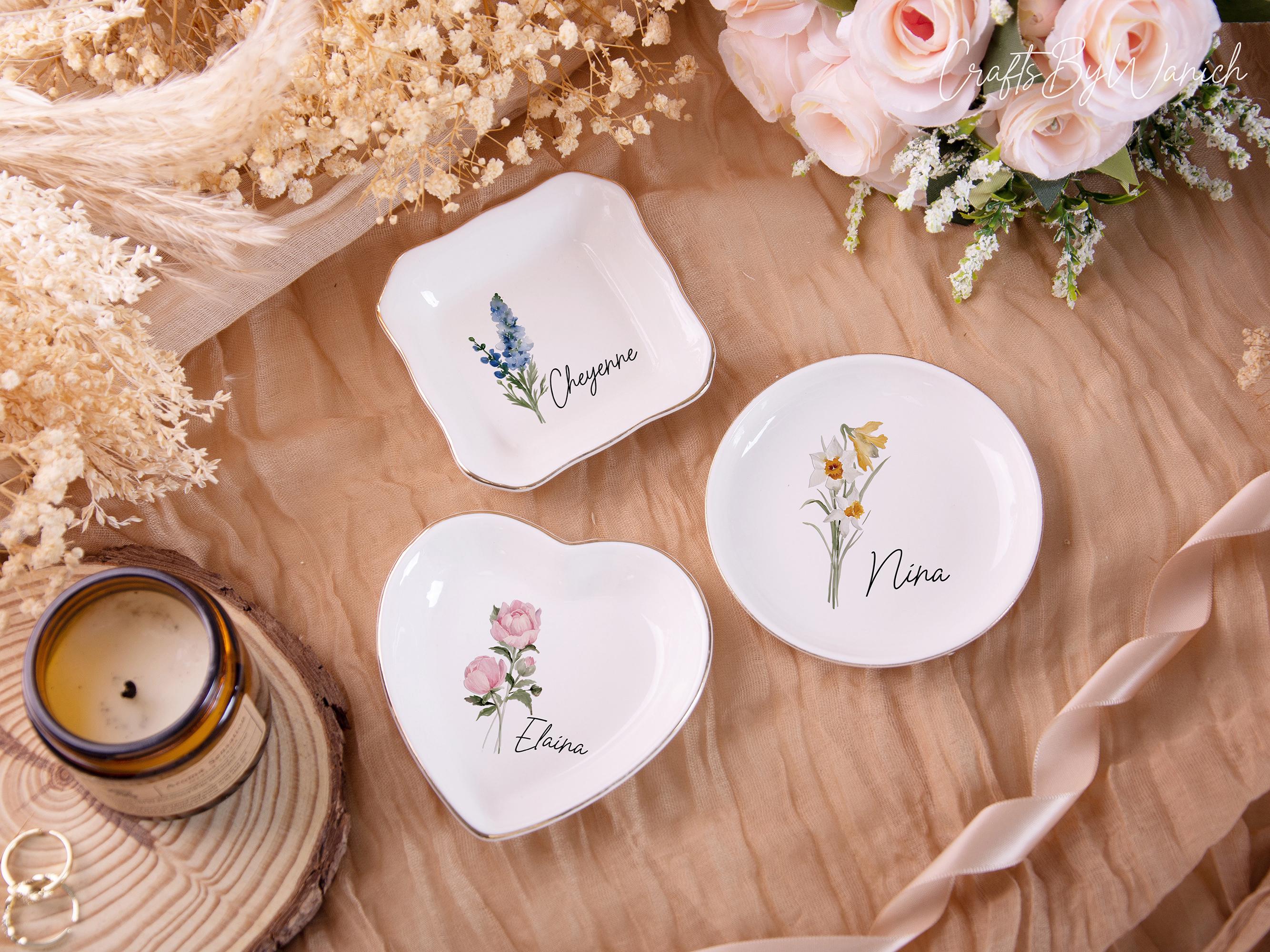 Personalised Birth Flower Trinket Dish, Custom Watercolor Flower Ring Dish, Birthday Jewelry Dish, Wedding Bridesmaid Gift, Christmas Gifts
