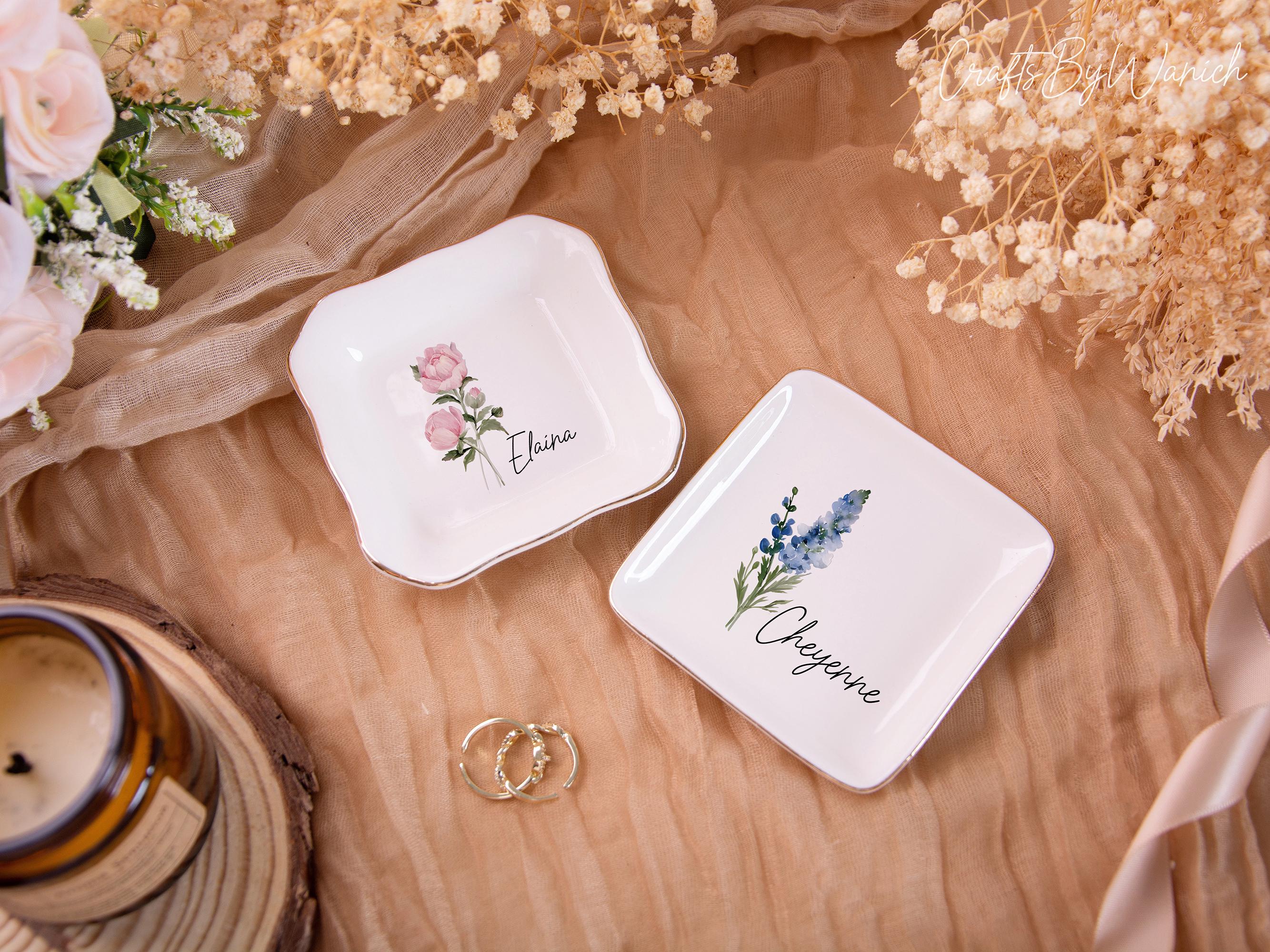 Personalised Birth Flower Trinket Dish, Custom Watercolor Flower Ring Dish, Birthday Jewelry Dish, Wedding Bridesmaid Gift, Christmas Gifts
