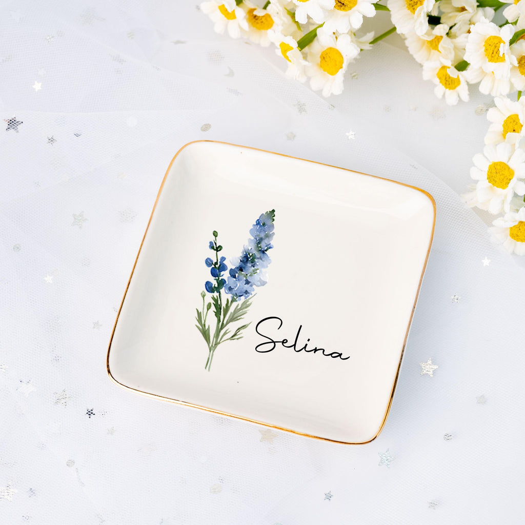 Personalized Birth Flower Jewelry Dish,Floral Name Trinket Dish,Wedding Bridesmaid Ring Dish,Jewelry Dish for Women,Christmas Gift for Her
