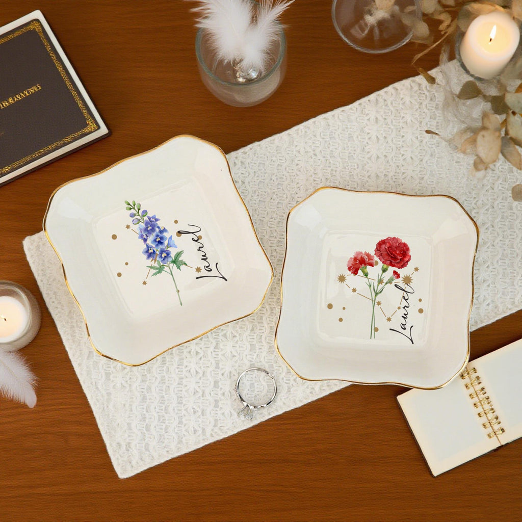 Personalized Birth Flower Ring Dish, Zodiac and Flower with Constellation Trinket Dish,Constellation Jewelry Dish, Birth Flower Trinket Dish