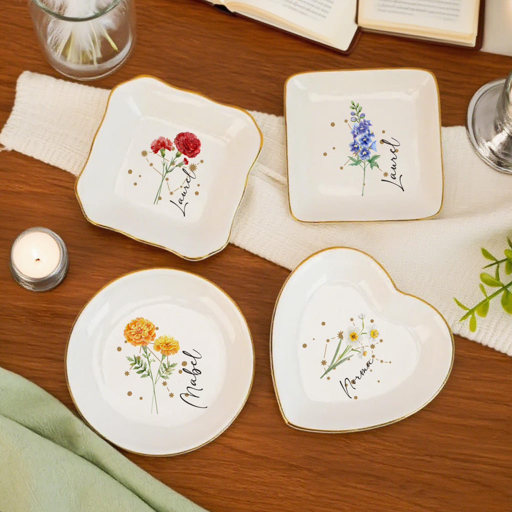Personalized Birth Flower Ring Dish, Zodiac and Flower with Constellation Trinket Dish,Constellation Jewelry Dish, Birth Flower Trinket Dish