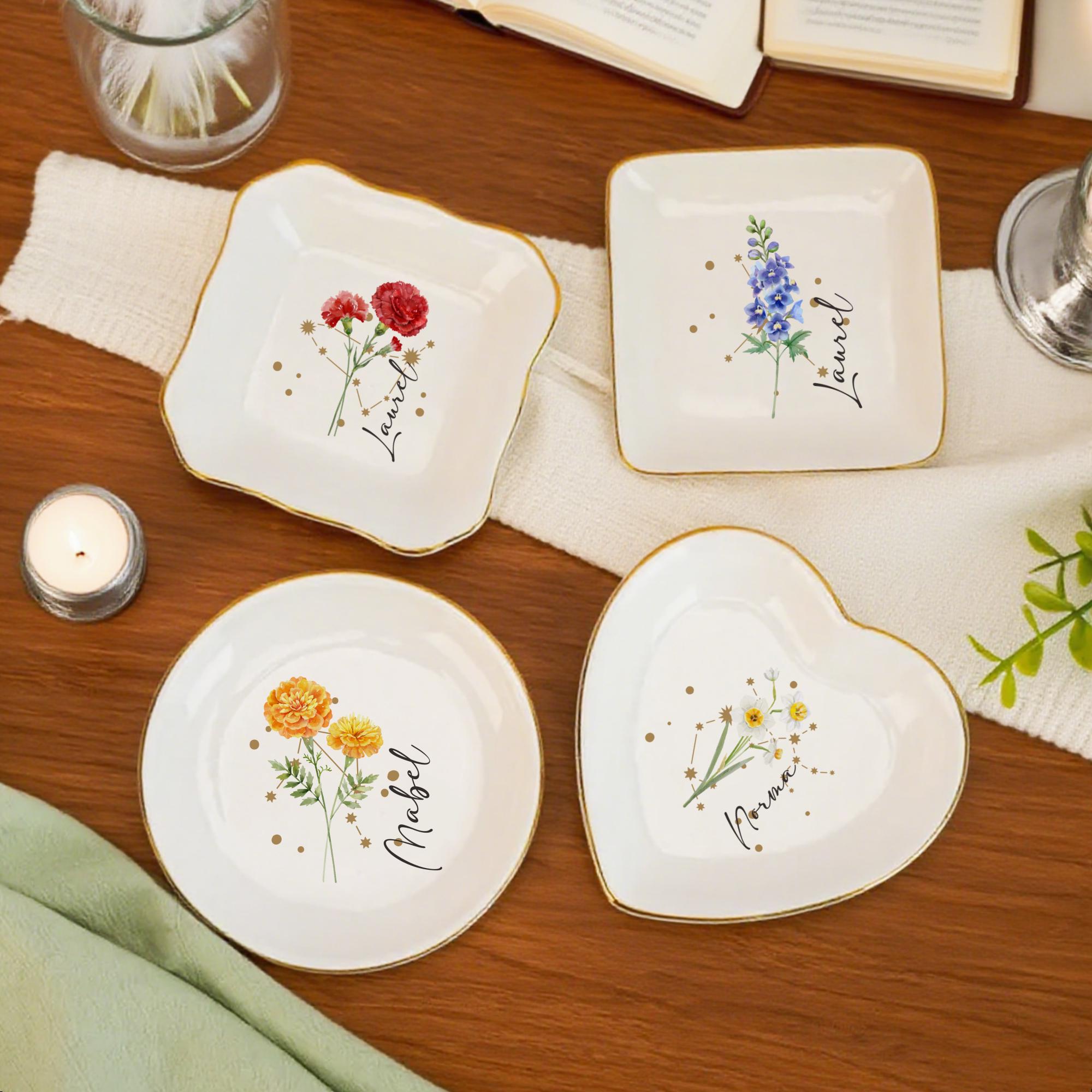 Personalized Birth Flower Ring Dish, Zodiac and Flower with Constellation Trinket Dish,Constellation Jewelry Dish, Birth Flower Trinket Dish