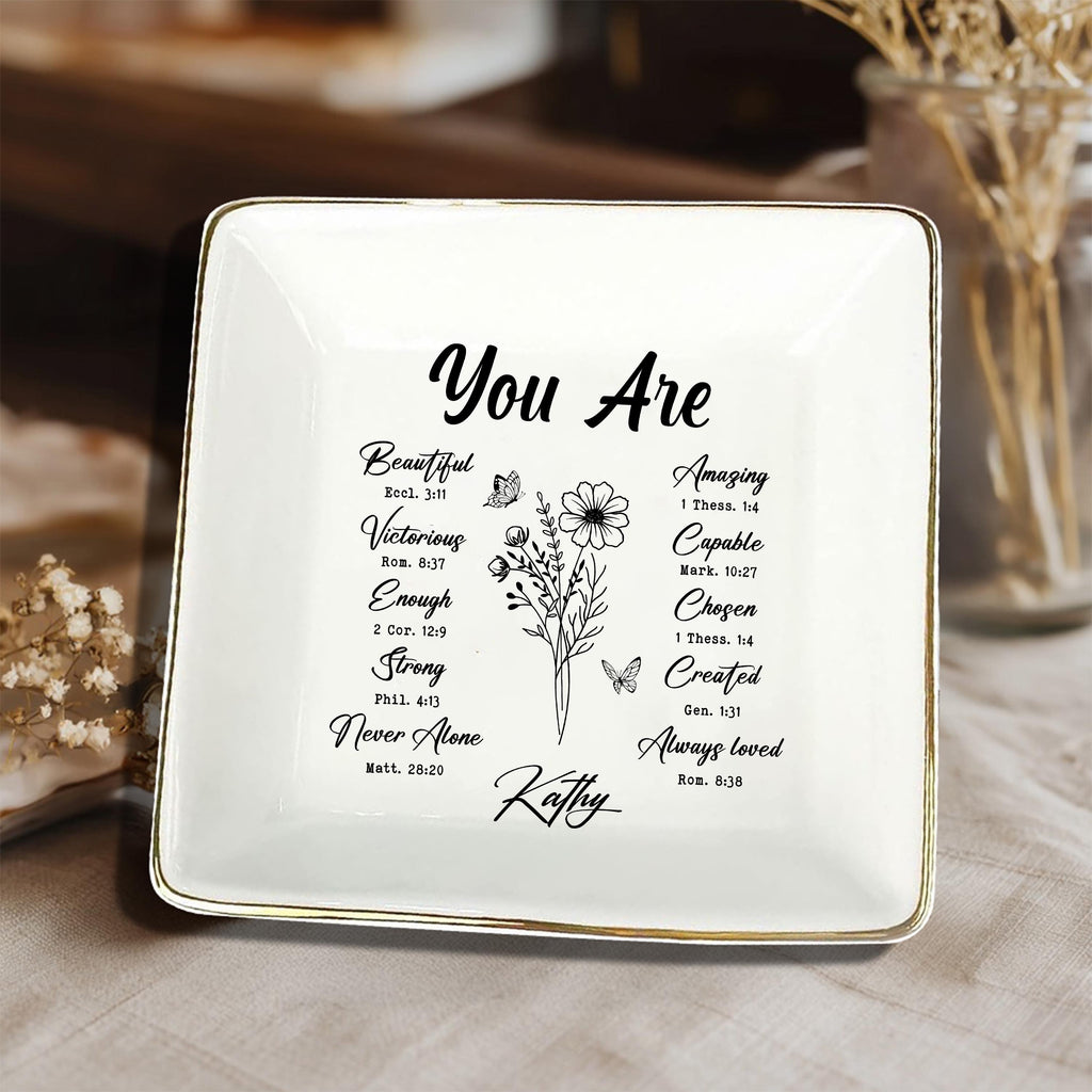 Personalized Christian Jewelry Dish: Scripture Trinket Tray with Gold Rim