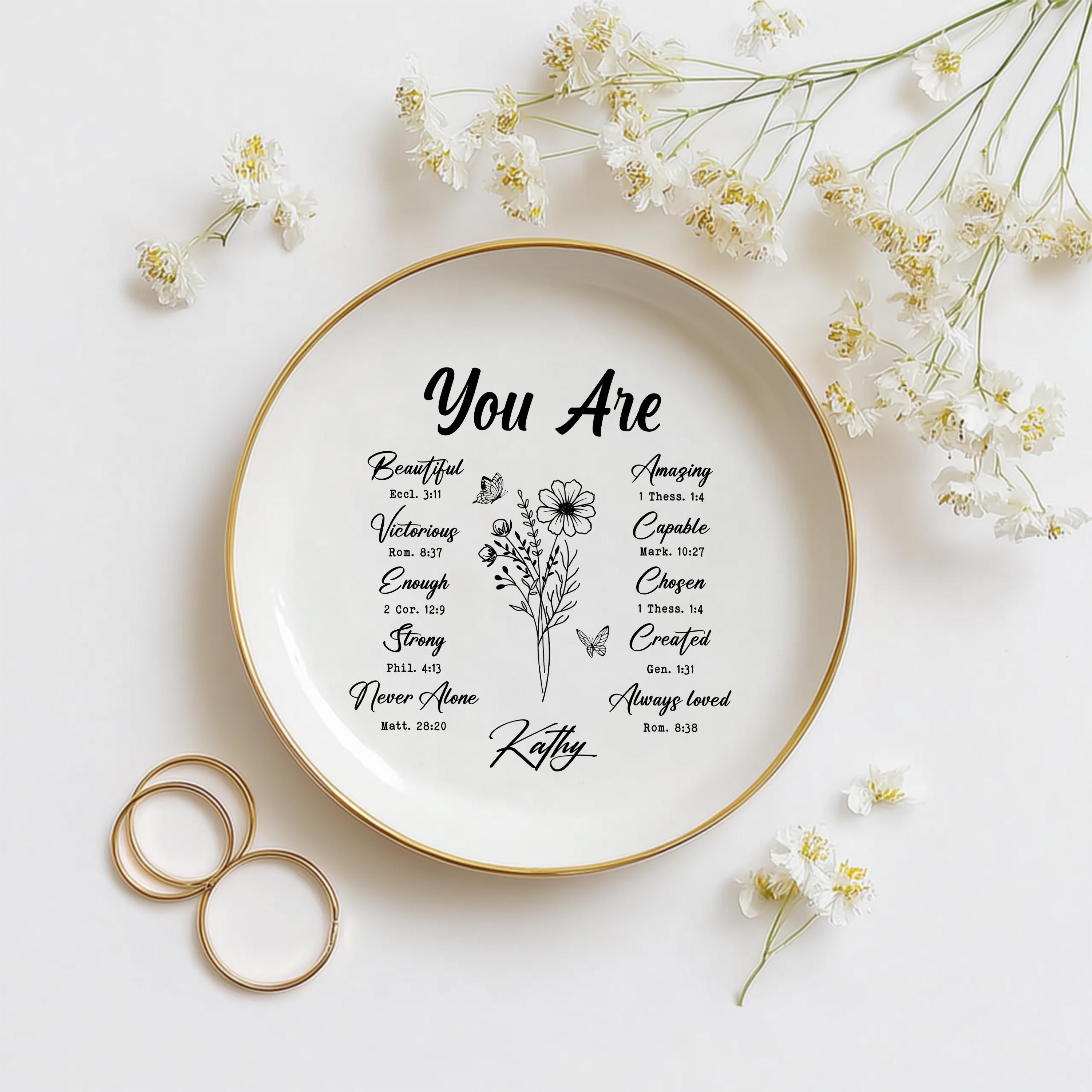 Personalized Christian Jewelry Dish: Scripture Trinket Tray with Gold Rim