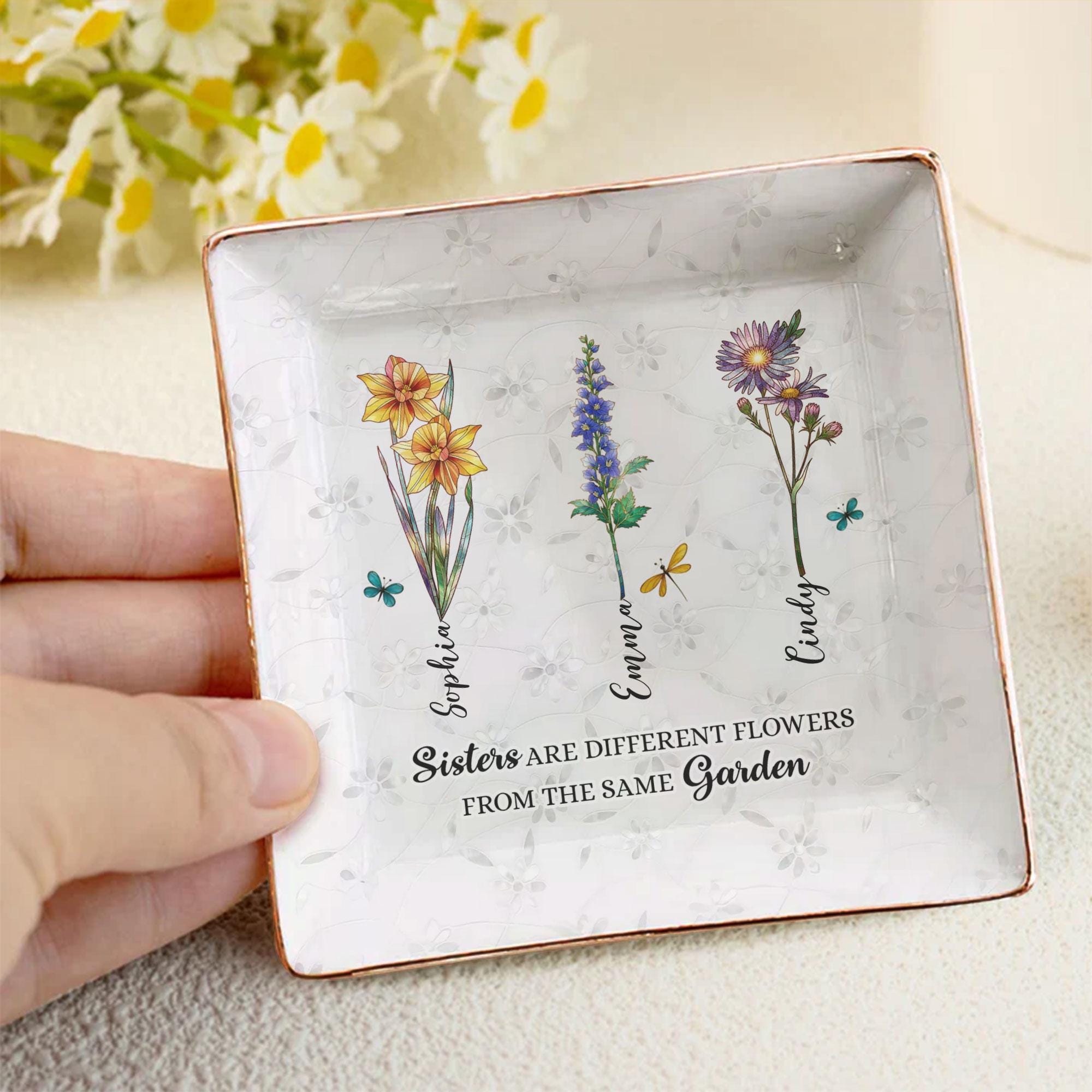 Sisters are Different Flowers from the Same Garden, Personalized Ring Dish for Sister, Friendship Jewelry Dish, Besties Flower Ring Holder