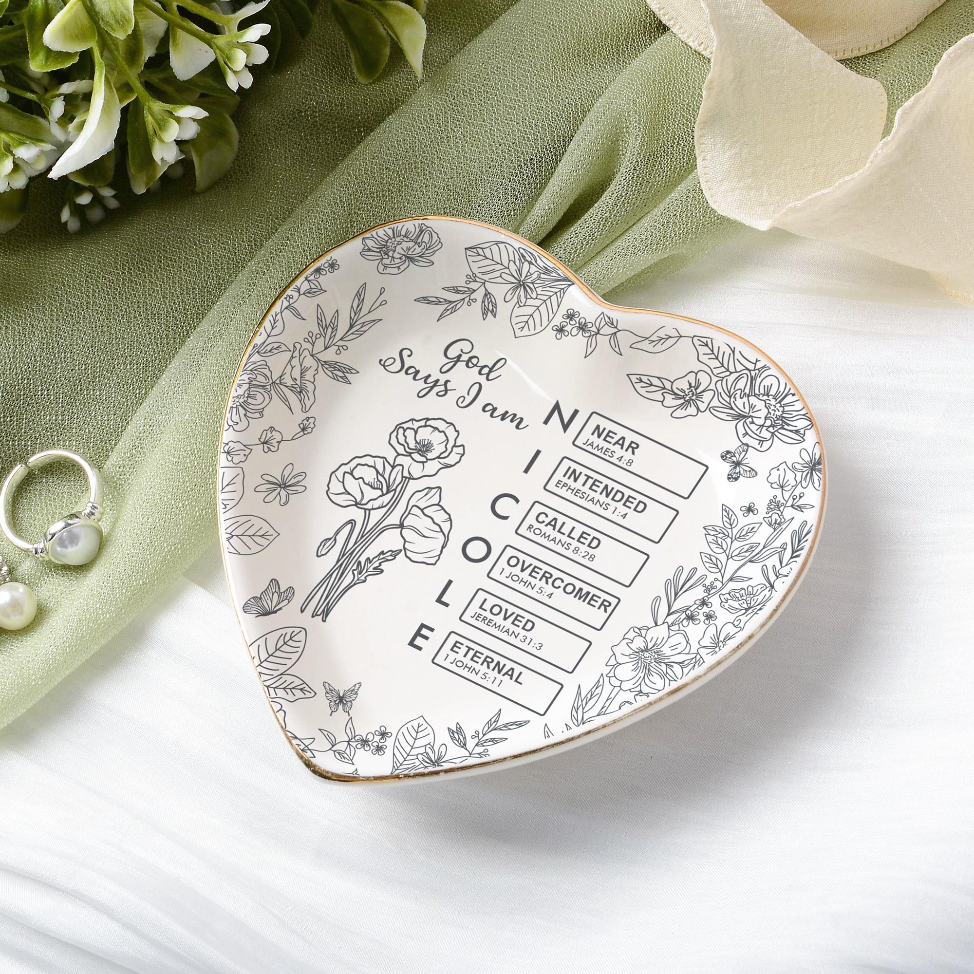 Personalized Christian Name Jewelry Dish With Bible Verses,God Says I Am Toile De Jouy,Custom Scripture Gifts,Religious Gifts For Her,Xmas