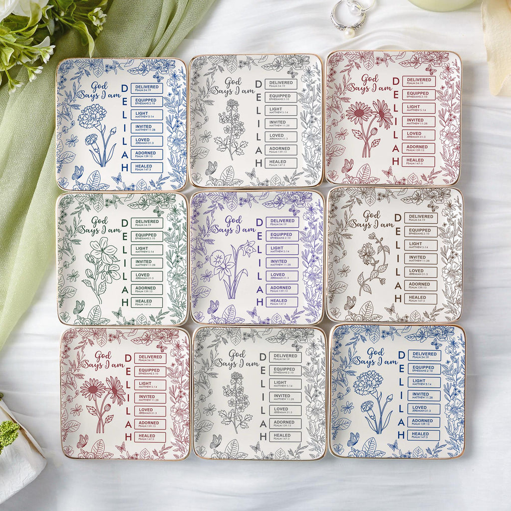 Personalized Christian Name Jewelry Dish With Bible Verses,God Says I Am Toile De Jouy,Custom Scripture Gifts,Religious Gifts For Her,Xmas