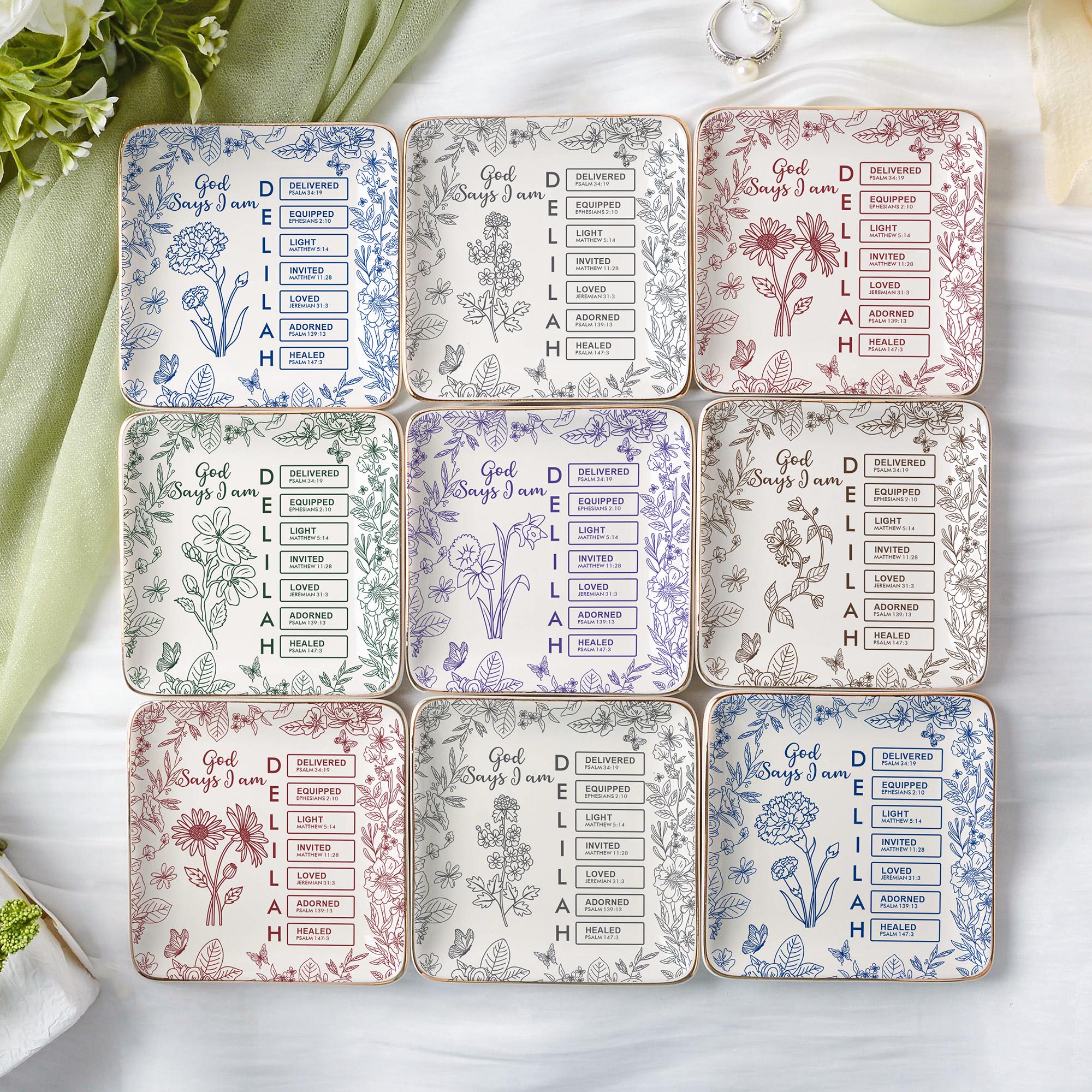 Personalized Christian Name Jewelry Dish With Bible Verses,God Says I Am Toile De Jouy,Custom Scripture Gifts,Religious Gifts For Her,Xmas