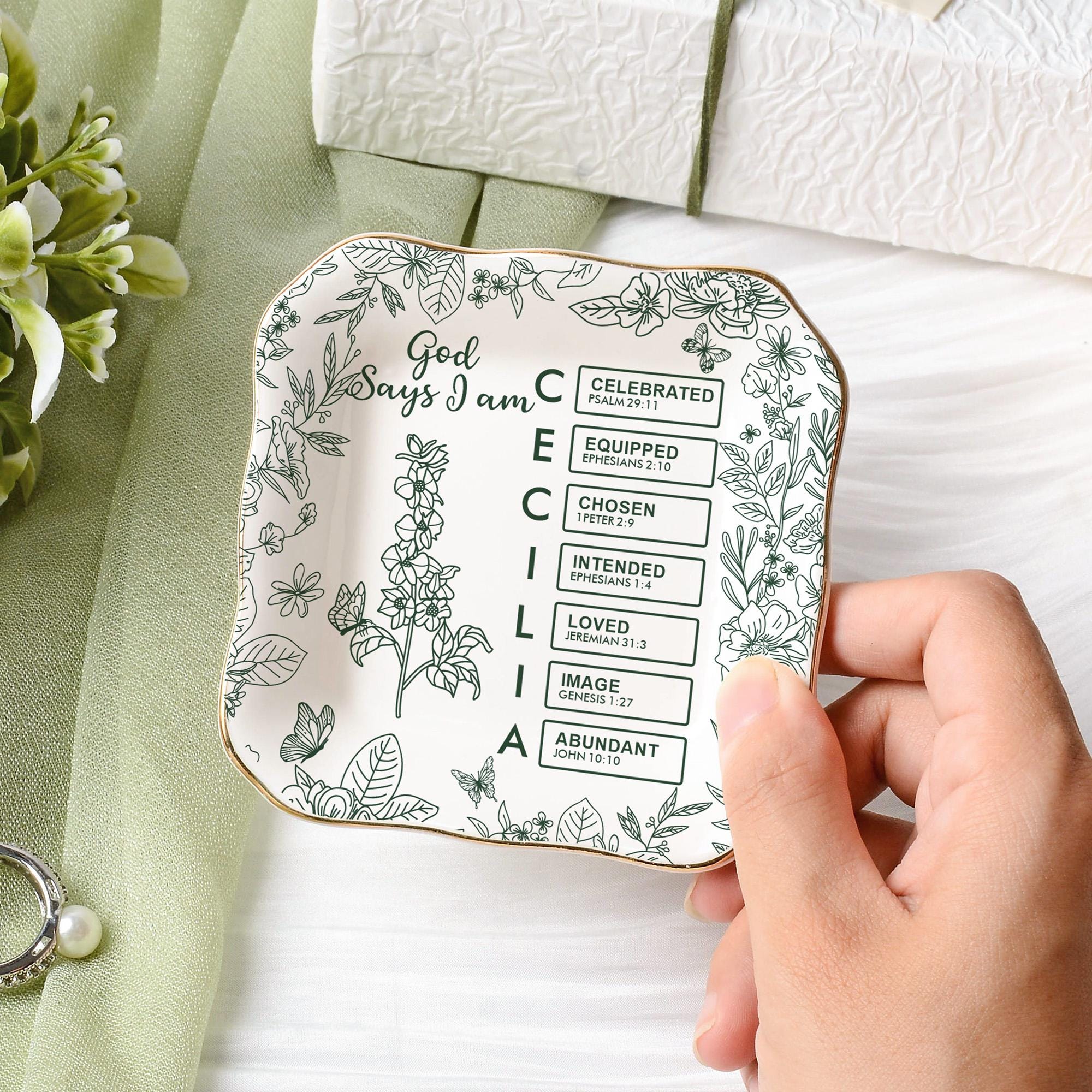 Personalized Christian Name Jewelry Dish With Bible Verses,God Says I Am Toile De Jouy,Custom Scripture Gifts,Religious Gifts For Her,Xmas