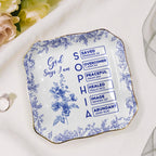 God Says I Am Name Letter In Bible Toile De Jouy Style, Personalized Christian Jewelry Dish: Toile De Jouy Ceramic Ring Holder