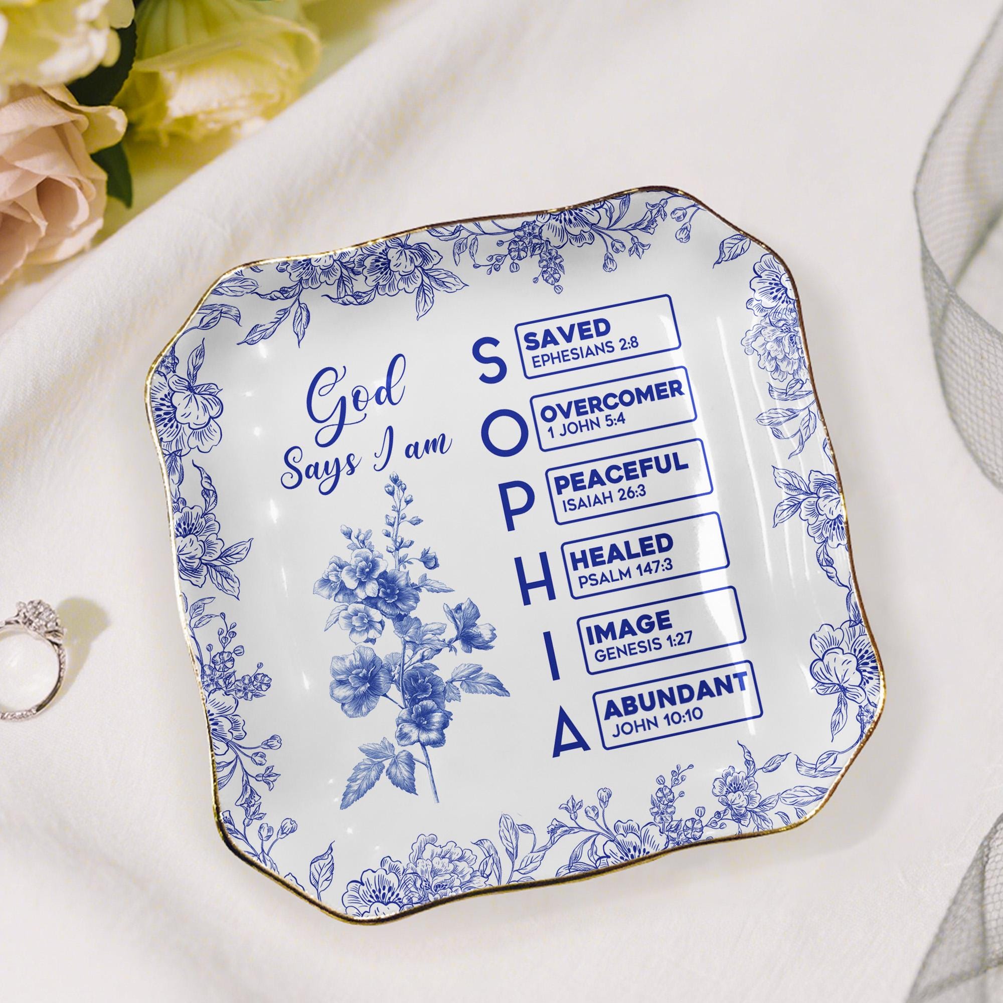 God Says I Am Name Letter In Bible Toile De Jouy Style, Personalized Christian Jewelry Dish: Toile De Jouy Ceramic Ring Holder