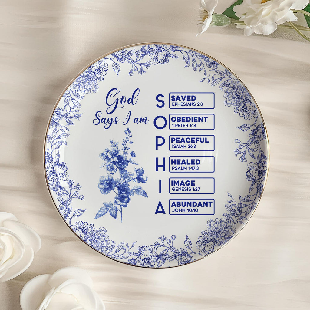 God Says I Am Name Letter In Bible Toile De Jouy Style, Personalized Christian Jewelry Dish: Toile De Jouy Ceramic Ring Holder