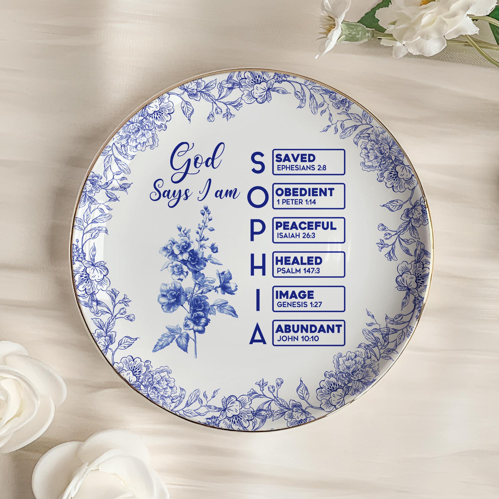 God Says I Am Name Letter In Bible Toile De Jouy Style, Personalized Christian Jewelry Dish: Toile De Jouy Ceramic Ring Holder